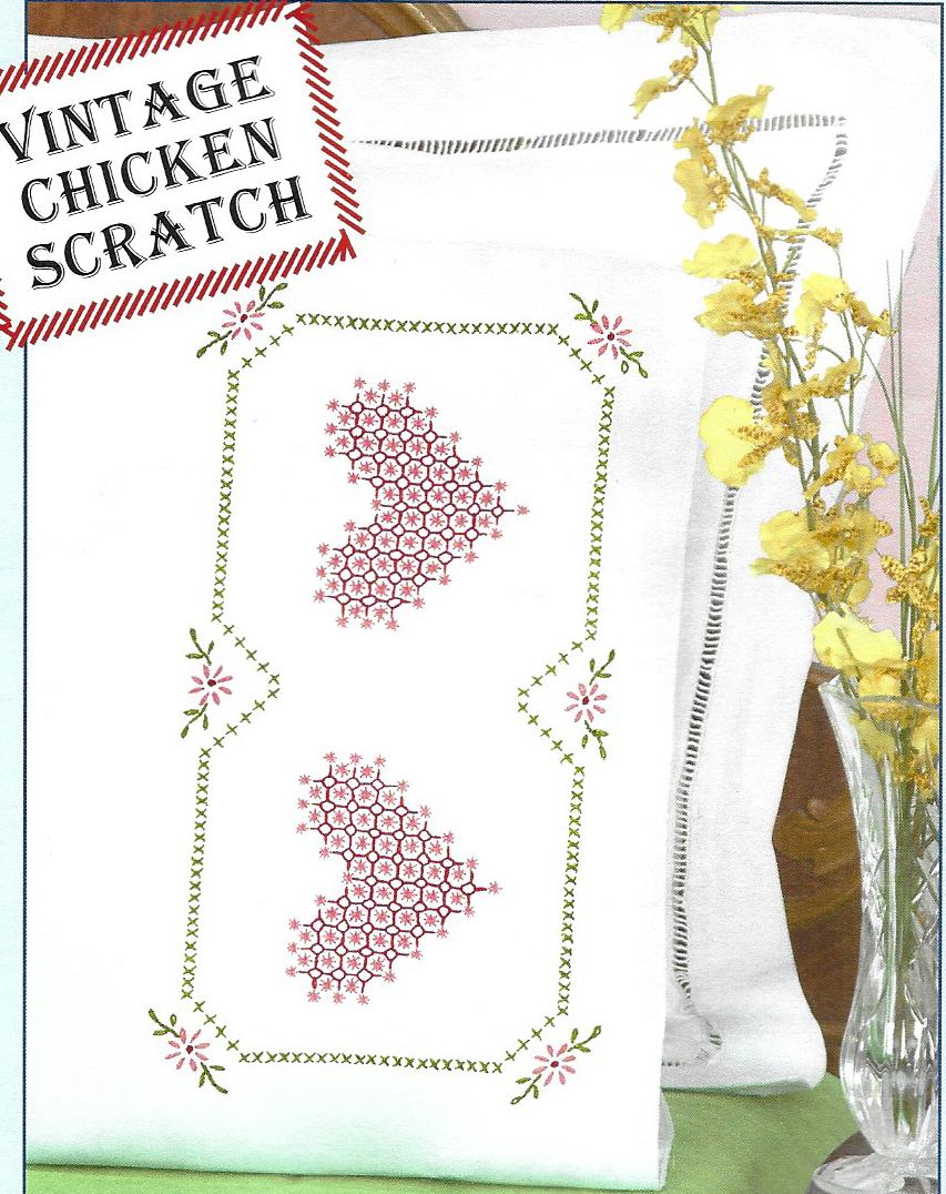 Jack Dempsey Chicken Scratch Hearts 1600-514 Perle Edge Pillowcases Stamped for Cross Stitch & Embroidery